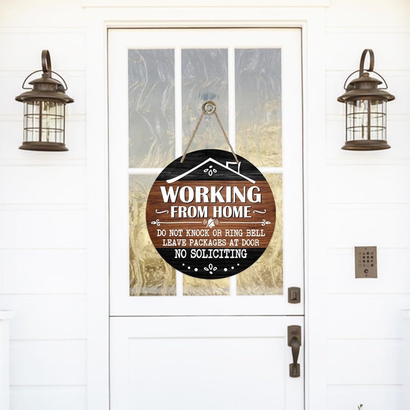 Deroro No Soliciting Front Door Sign, Working from Home Wood Door Hanger Outdoor Outside Porch Decor, Please Do Not Knock Farmhouse Rustic Wooden Wreath Indoor Wall Hanging Decoration - Image 4